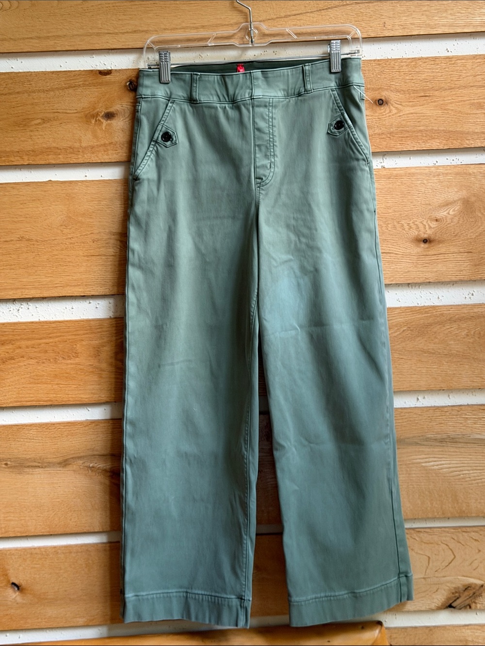 SPANX Stretch Twill Pull-on Cropped Pants Olive Green High Rise Wide Leg Sz M